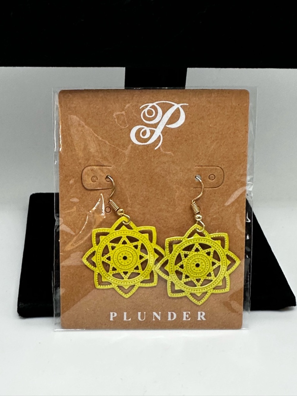 PLUNDER  Yellow Sunburst Filigree Drop Dangling Casual Boho Earrings